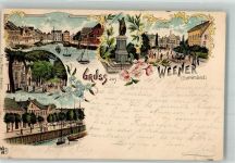 26826 W2952 Weener 1900 Lithographie Hafen Neue Straße Kriegerdenkmal Feldstraße Verlag Ottmar Zieher-München