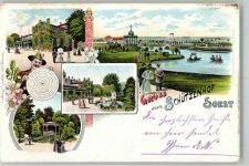 59494 W4770 Soest , Westf 1903 Lithographie Gasthaus Schützenhof Pavillon Gondelteich Garten Springbrunnen
