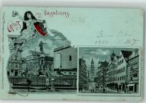 86150 W8900 Augsburg , Bay 1900 Lithographie Augustusbrunnen Maximilianstraße Perlachturm Wappen