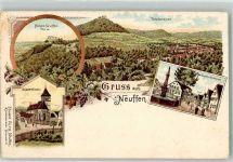 72639 W7442 Neuffen Lithographie Hohen Neuffen Stadtkirche Lindenbrunnen