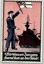 sign. C.H. Münch Marine Ran an den Feind Propaganda WK I 1914 Lithographie / Mondschein