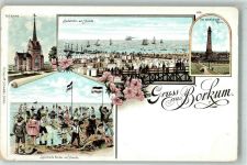 26757 W2972 Borkum Lithographie Ref. Kirche Strand Kinder Neuer Leuchtturm