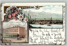 83022 W8200 Rosenheim , Oberbay 1898 Lithographie Hotel z. König Otto v. Griechenland Flößer