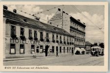 1120 Wien 12. Bezirk, Meidling Foto AK Straßenbahn Hotel Cafe Gasthaus Eichenstrasse Arbeiterheim