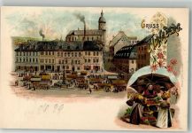 09456 O9300 Annaberg-Buchholz 1899 Lithographie Marktplatz Marktszene Marktfrauen Eisenhandlung Zeißler Verlag Ottmar Zieher-München
