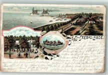 24235 W2304 Laboe 1900 Gebrauchsspuren Ruderboot Hotel Laboe Kriegsschiffe Strand Lithographie