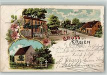 19386 O2861 Kreien 1902 BOAKC Schallies Gasthaus Dorfstraße Kirche Lithographie