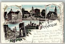 74172 W7107 Neckarsulm 1897 Lithographie Ev. Kirche Rathaus Hauptstraße Kgl. Oberamt Kath. Kirche
