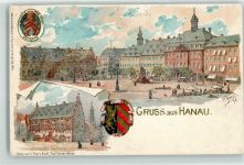 63450 W6450 Hanau 1900 Lithographie Marktplatz Denkmal Marktszene Rathaus Wappen sign. R.Joost Bahnpost Eisenach-Frankfurt Zg. 4