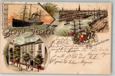 27568 W2850 Bremerhaven 1898 Lithographie Lloyd-Hotel Hafen Dampfer Wappen Möwe