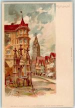 72760 W7410 Reutlingen Lithographie / Künstlerkarte Marienkirche Wilhelmstraße Brunnen sign. P. Schmohl
