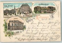 68100 Mulhouse Mülhausen 1900 Gebrauchsspuren Markt Markthalle Kaiser Wilhelm Kaserne Theater Kutsche Gruss Blumen Lithographie