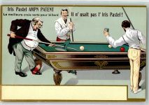 Drei Herren beim Spiel am Billardtisch Werbung Iris Pastel Parziale Billard Lithographie