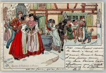 Nr. 1 sign. Kauffmann Brauchtum Les soulhaits et baisers Schornsteinfeger Trachten Elsass 1902 Künstlerkarte