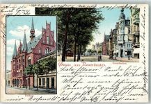 24534 W2350 Neumünster , Holst 1902 Lithographie Rathaus Grossflecken Litfaßsäule
