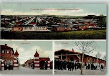 72525 W7420 Münsingen , Württ 1908 Foto AK Truppenübungsplatz Barackenlager Eingangstor Baracke