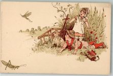 Serie 1002 Kinder beobachten Insekten Grille Hund Meissner & Buch 1900 Lithographie
