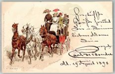 Serie 1003 Pferdesport Kutsche zum Rennplatz sign. C. Becker + Adelskorrespondenz Meissner & Buch 1898 Lithographie / Künstlerkarte