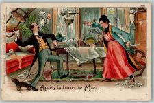 Humor Kurz vor den Flitterwochen Baby Dackel Katze Ehe 1904 Gebrauchsspuren