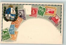 Montevideo Lithographie Wappen Briefmarken auf AK