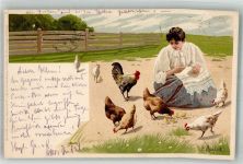 Frau füttert die Hühner Meissner u. Buch Serie 1035 Land Idyllen Mailick, A. 1900 Lithographie / Künstlerkarte