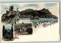 53639 W5330 Königswinter Lithographie / Künstlerkarte Panorama des Ortes mit der Ruine Drachenfels Drachenburg und der Zahnradbahn Rheinschiffe