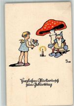 sign. Iho Engel gratuliert Zwerg unter Fliegenpilz zum Geburtstag Künstlerkarte Zwerg 1942 Gebrauchsspuren