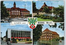 44623 W4690 Herne , Westf - Rathaus, Bahnhof, Schwimmhalle, Schloß Strünkede