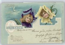 Gute Nacht , Spruch , Marke entfernt Blüte mit Menschengesicht Lithographie