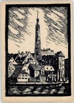 84028 W8300 Landshut , Isar - Blick auf Röcklturm, Martinskirche, nach Original-Linolschnitt