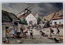 O diese Flieger, Aufruhr im Dorf Fliegerhumor Künstlerkarte