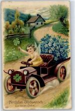 Engel, Blumen, Neujahr, Präge-Karte Auto