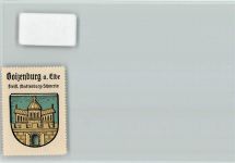O2830 Boizenburg Wappen In Blau eine goldene Burg mit gezinnter Mauer und geöffneten Torflügeln; darüber ein Turm mit drei Fenstern und Kuppeldach, flankiert von Seitenflügeln mit je vier Fenstern und gegipfeltem Dach, beide Dächer mit einem Knopf besteckt Vignette