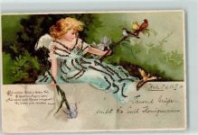 AK mit Glimmerauflage Engel Vögel Litho Spruch AK mit Glitzer