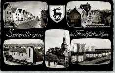 63303 W6072 Sprendlingen , Hess Gebrauchsspuren Kirche Eisenbahn Strasse Hauptstrasse Rathaus