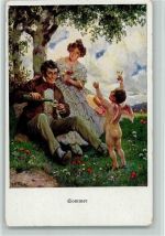 Biedermeier Liebespaar trinkt mit Amor Wein AK Amor 1917