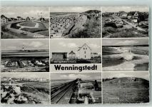 25996 W2283 Wenningstedt (Sylt) - Anlagen Strand Campingplatz mit Leuchtturm Schülerheim Baden in der Brandung Blick von den Dünen Über den Hindenburgdamm Denhoog