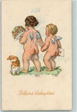 Srdecne blahoprani Glückwunsch Engel Hund AK Fischerova-Kvechova, M. 1949
