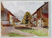 82490 W8105 Farchant Gebrauchsspuren Dorfstraße Alpspitze sign. J.Hellmann Wagen Misthaufen Künstlerkarte