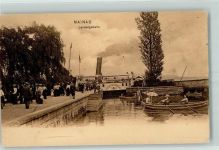 78462 W7750 Insel Mainau Gebrauchsspuren Landungsstelle Seitenraddampfer Stadt Meersburg Ruderboot