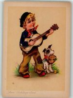 Kind mit Hund und einer Gitarre AK Zupfinstrument