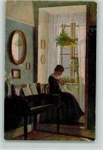 Dänische Kunst ASCO Nr. 9662 Alfred Broge - Im Erker , Spinett , gute Erhaltung Sticken