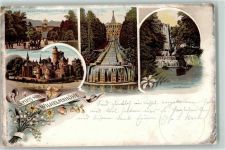 34117 W3500 Wilhelmshöhe 1897 Gebrauchsspuren Lithographie Löwenburg Hercules m.d. Cascaden Aquäduct