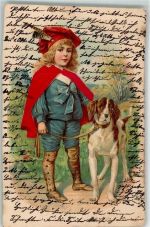 mit echt Stoff Applikation Kind mit Mütze und Feder Gamaschen Jagdhund 1903 Prägedruck