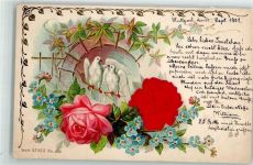 Blumen mit echt Stoff Applikation Vergissmeinnicht Taube 1901 Prägedruck
