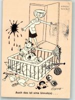 sign. Cerny Mutter sieht das Chaos im Kinderzimmer Humor Werbung Kienzle-Uhren Werbung Gebrauchsspuren