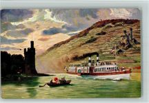W6530 Bingen am Rhein F.E.D. Serie 200 - Dampfer, Ruderboot mit Gästen ca 1915 AK Rheinschiff Künstlerkarte