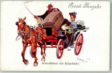 Schnellfahrer mit Schachteln Neujahr Kutsche sign. Fritz Schönpflug Schönpflug, F.