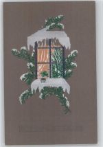 Ein Fenster mit Glücksklee und Tannenzweigen mit Schnee Weihnachten Prägedruck