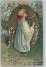 Frau mit Harfe , Litho Vergissmeinnicht 1903 Prägedruck